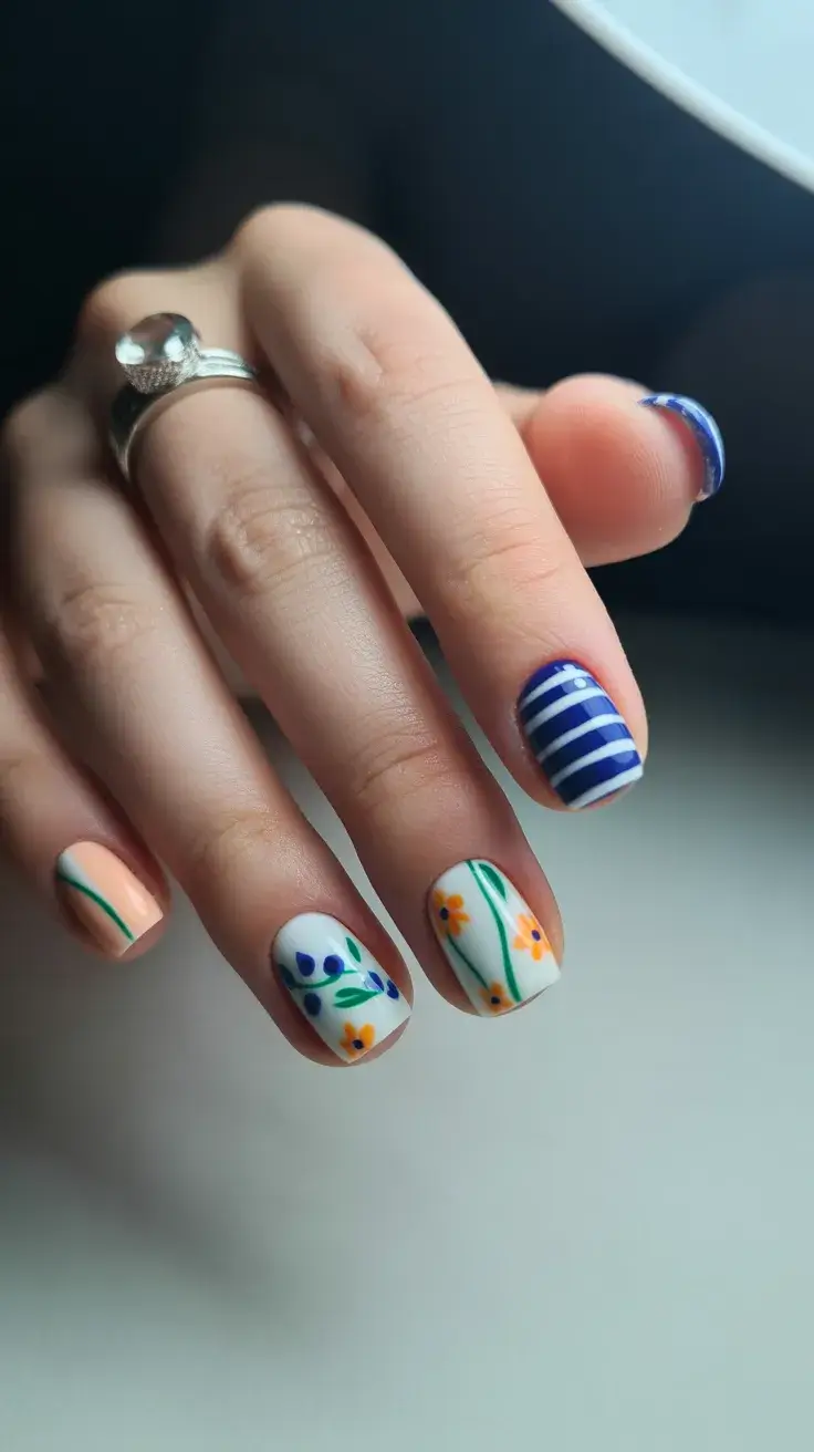 summer short nail inspo 2026 blue stripes floral mix short nails