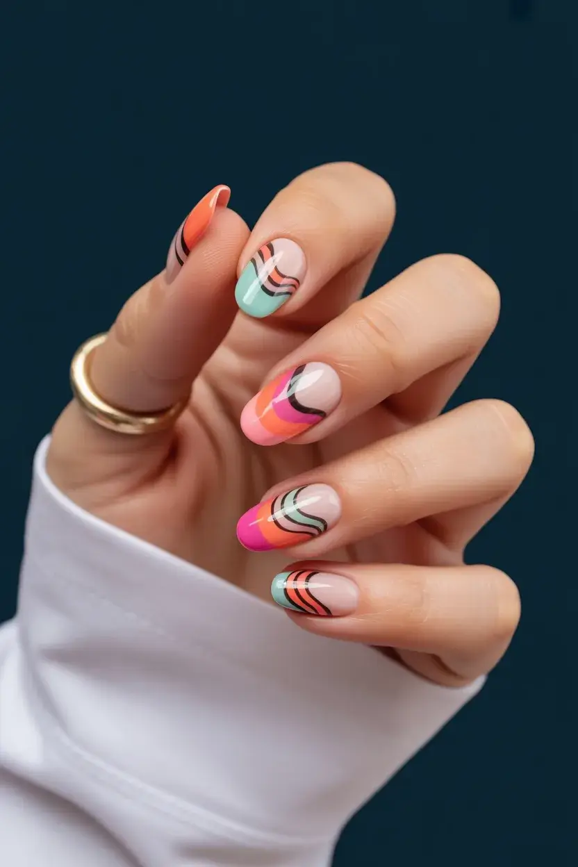 summer short nail inspo 2026 retro colorful wave nails short