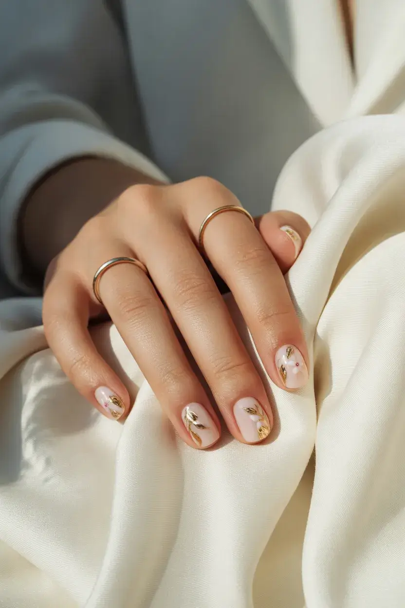 summer short nail inspo 2026 Soft White Florals with Gold Accents