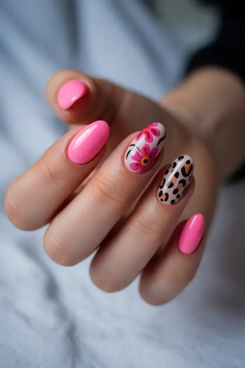 summer short nail inspo 2026 Bright Pink Playful Mix with Leopard Accent