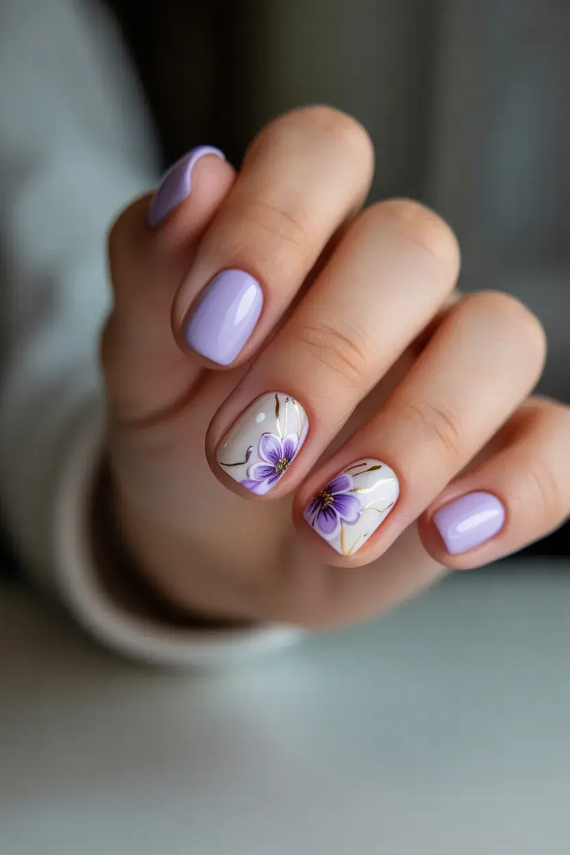 summer short nail inspo 2026 Lavender Gel with Delicate Floral Art