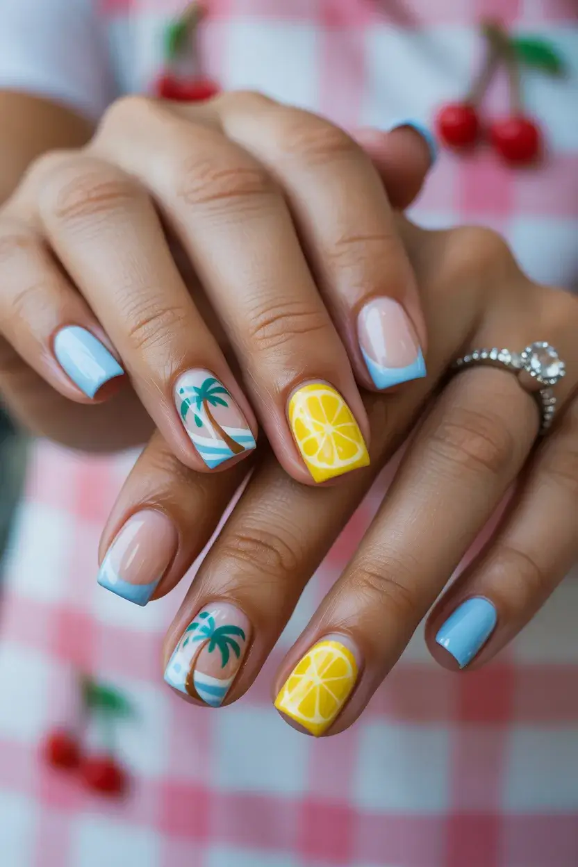 summer short nail inspo 2026 blue french lemon palm design