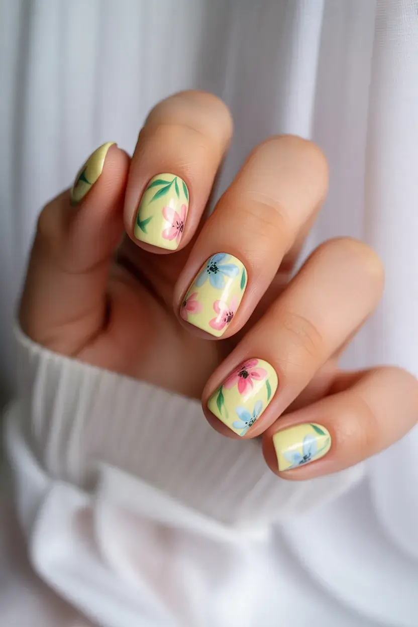summer short nail inspo 2026 Sunny Yellow Floral Short Nails