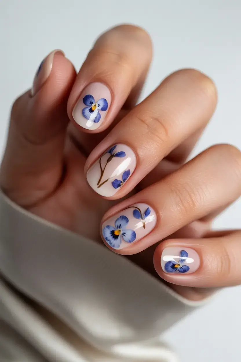 summer short nail inspo 2026 Minimal Blue Floral Short Gel Nails