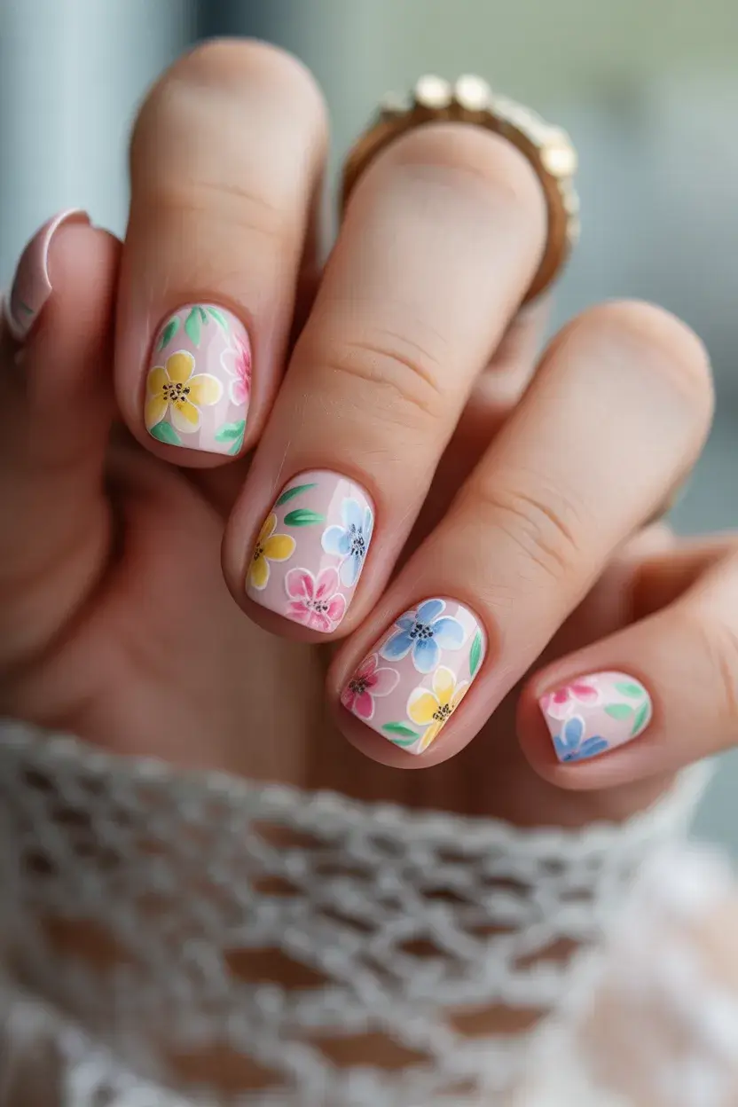 summer short nail inspo 2026 Bright Multicolor Flower Nails for Summer Mood