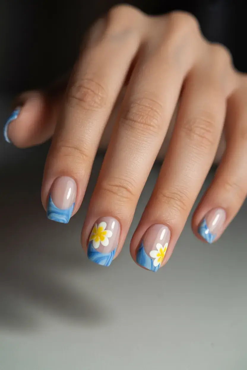 summer short nail inspo 2026 blue waves flower design