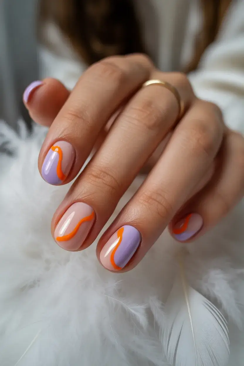 summer short nail inspo 2026 abstract orange lavender swirl nails