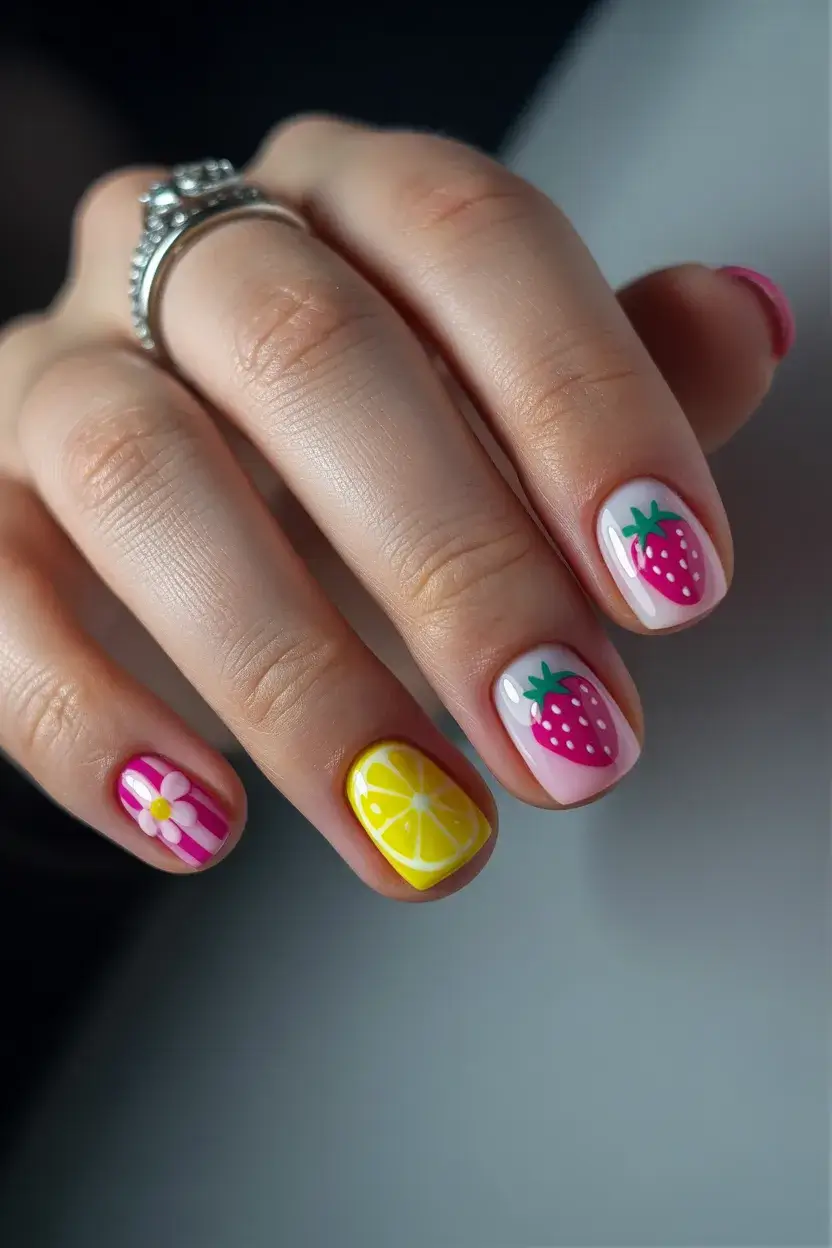 summer short nail inspo 2026 fruit nails strawberry lemon flower
