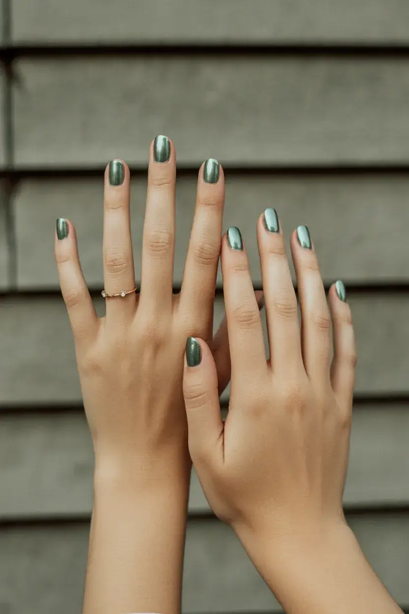 summer short nail inspo 2026 olive green chrome short nails