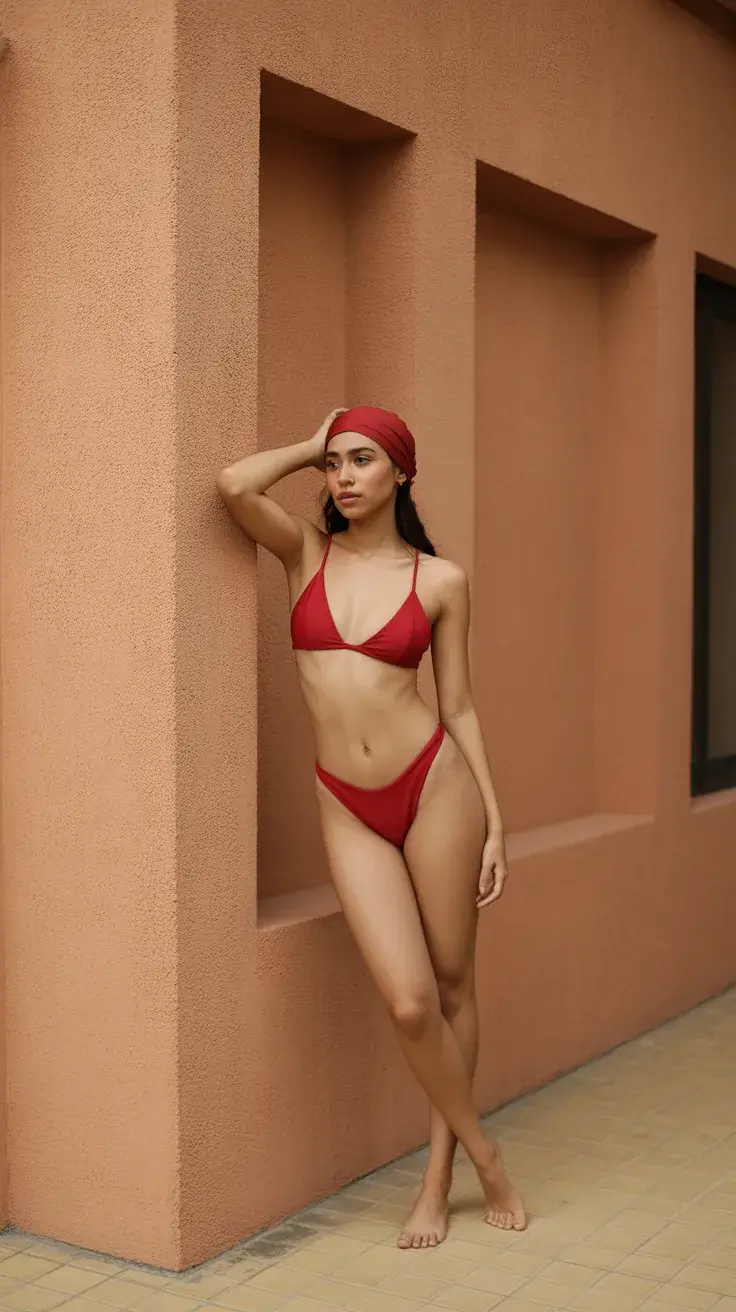 swimsuit bikinis ideas 2026 Clean Red Lines and Sunlit Simplicity