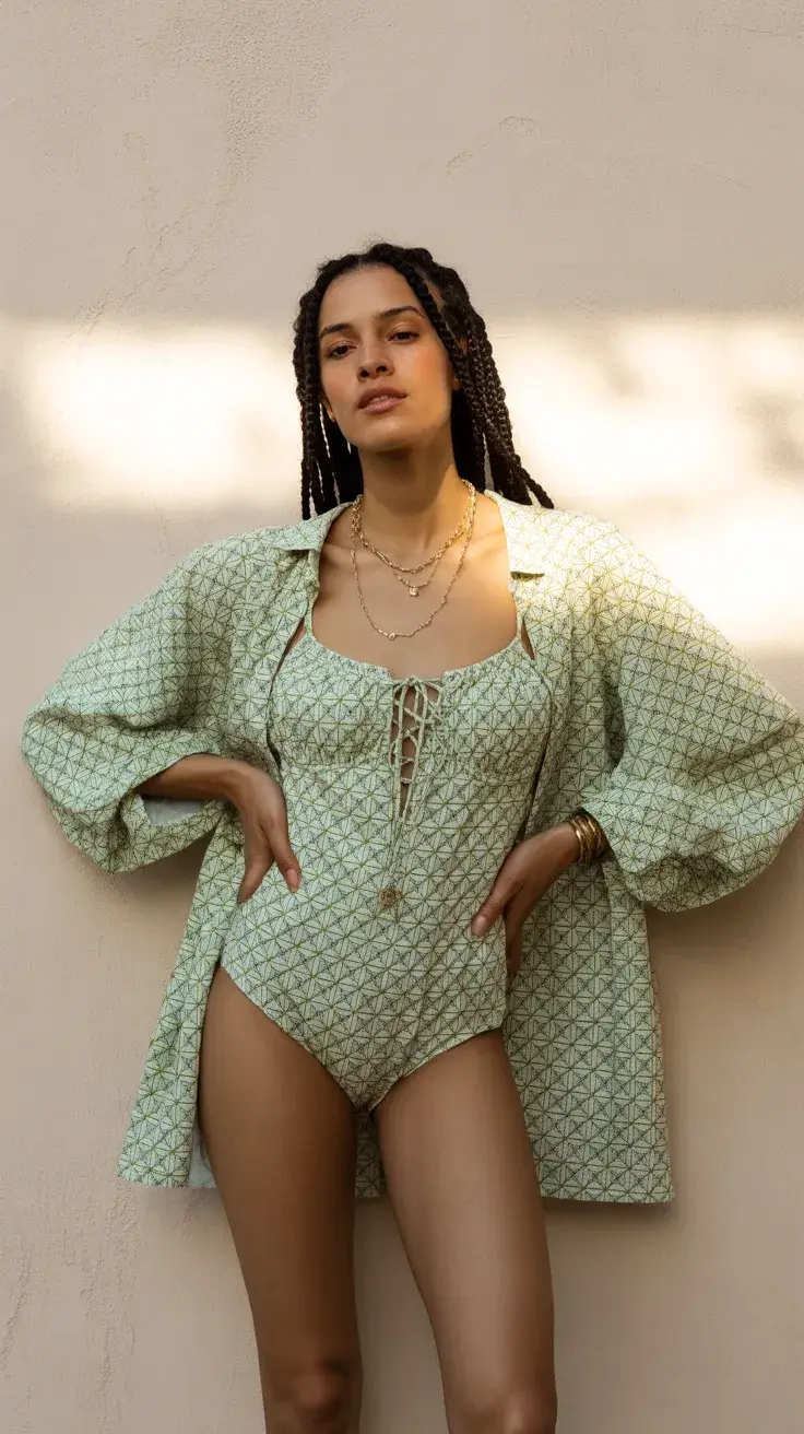 swimsuit coverups outfit 2026 Soft Green Texture and Relaxed Shirt Layering