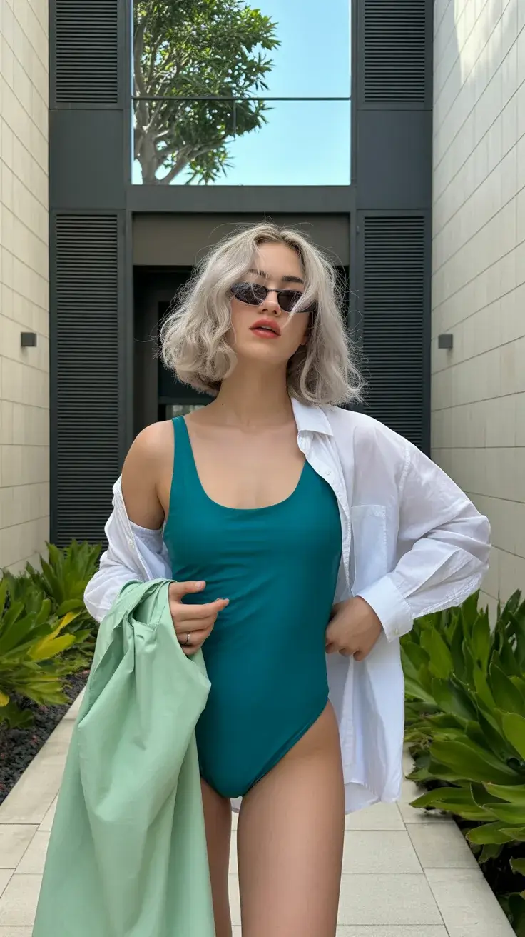 swimsuit for pool party 2026 Modern teal one piece with relaxed layering