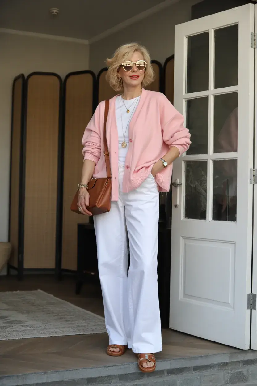 summer outfit for women over 50 2026 Soft Pink Layers and Effortless White - The New Classic Casual Mood