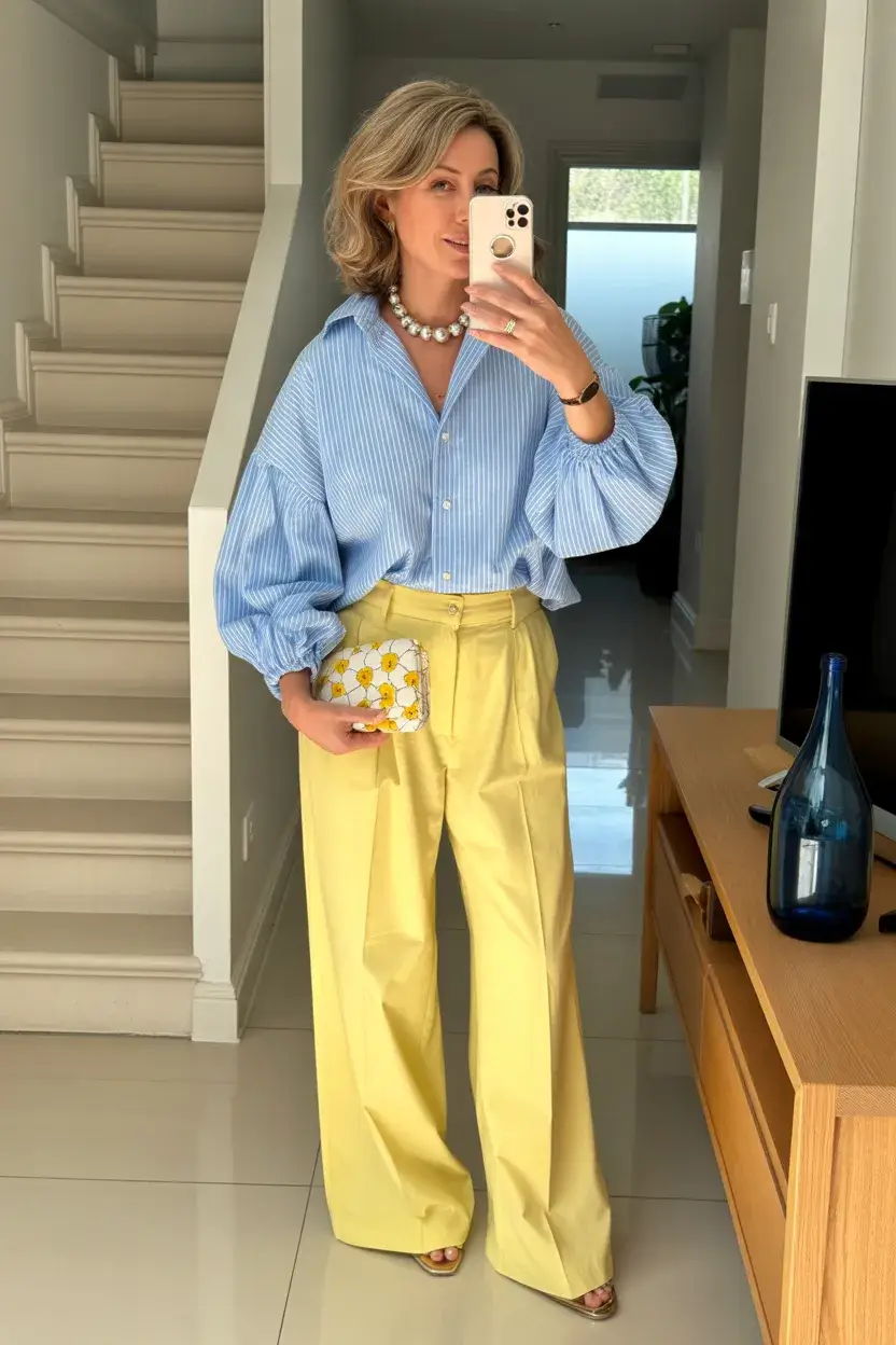summer outfit for women over 50 2026 Soft Blue and Yellow with a Preppy Summer Twist