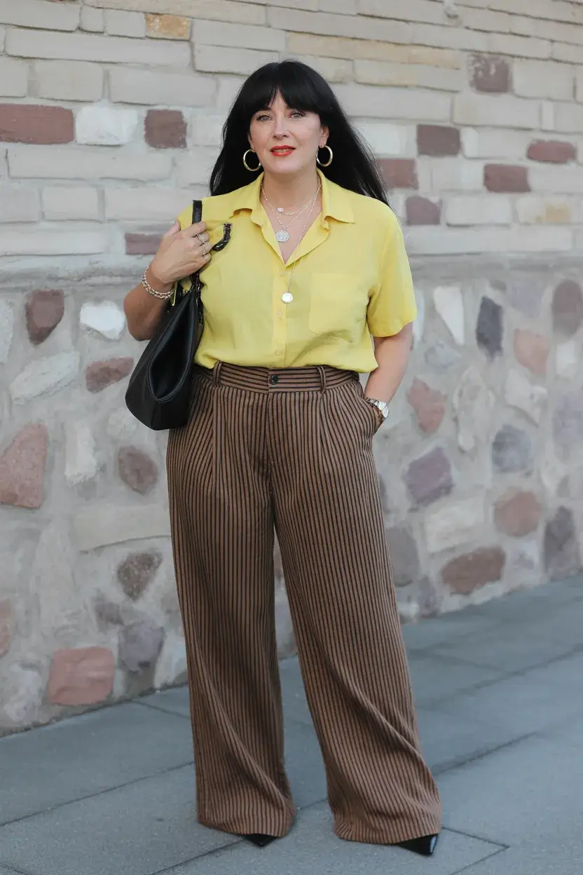 summer outfit for women over 50 2026 Yellow Shirt and Striped Trousers with Relaxed Confidence