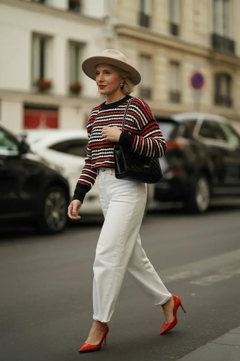 summer outfit for women over 50 2026 Striped Knit and White Denim with Paris Energy
