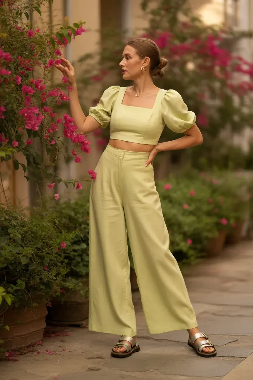 summer outfit for women over 50 2026 Soft Green Coordinates for Warm Evenings