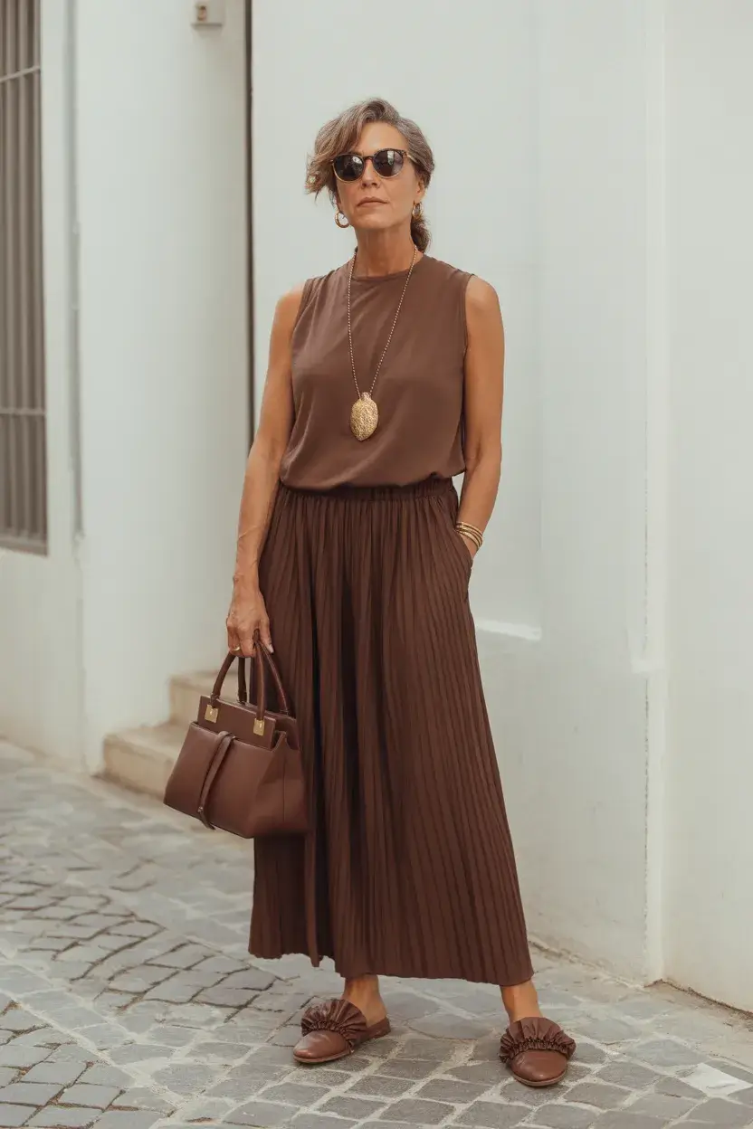 summer outfit for women over 50 2026 Chocolate Monochrome and Quiet Luxury Simplicity