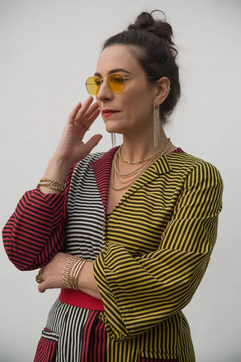 summer outfit for women over 50 2026 Mixed Stripes and Bold Personality Dressing
