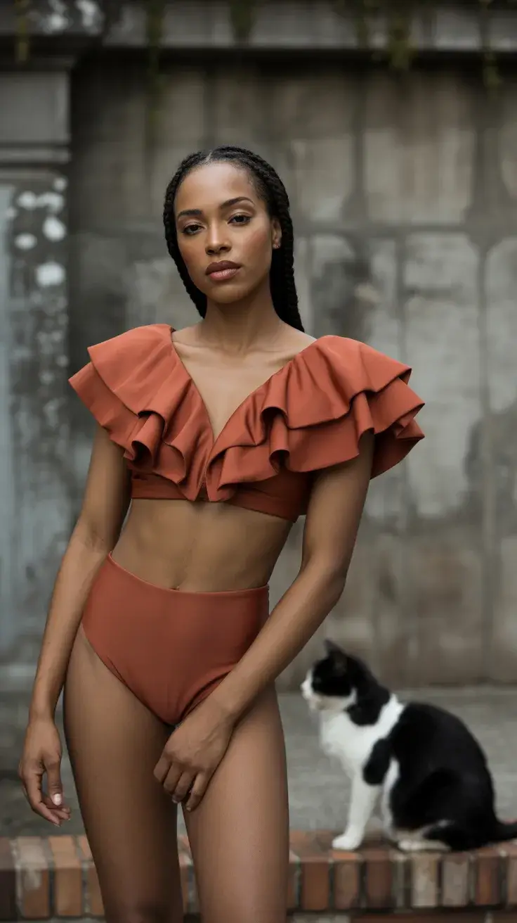 two piece swimsuit 2026 Maroon Ruffle Bikini With Dramatic Texture