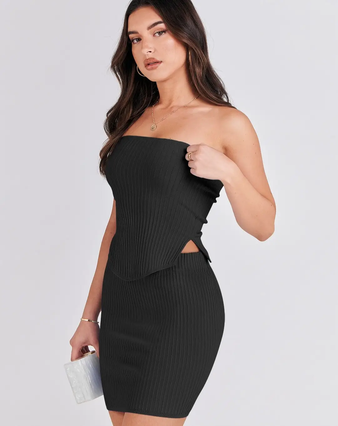 bodycon summer outfits 2026 Minimalist Edge in a Black Strapless Silhouette