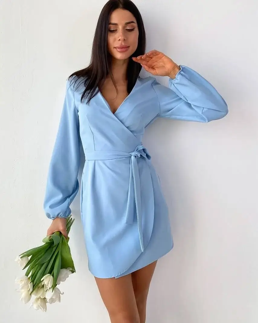 cool summer work outfits 2026 Powder Blue Wrap Dress for Fresh Summer Confidence