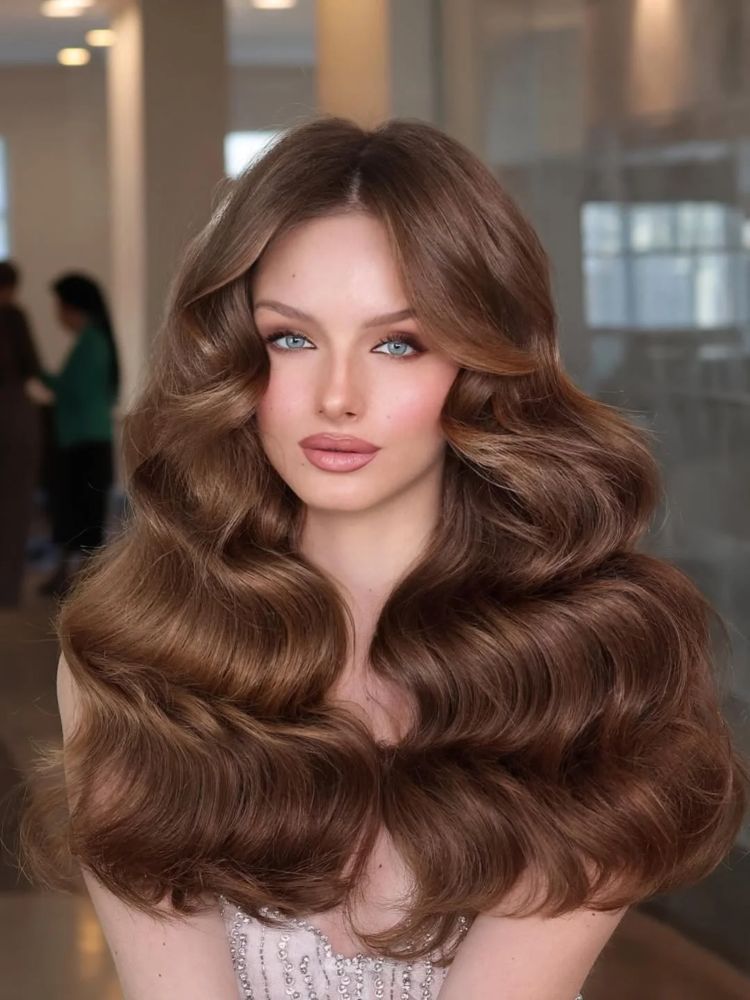 flattering summer haircut for round face 2026 Voluminous Layered Brunette with Face-Framing Flow