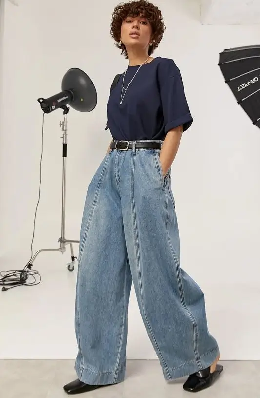 jeans outfit summer 2026 Ultra Wide Light Blue Volume with Minimal Top