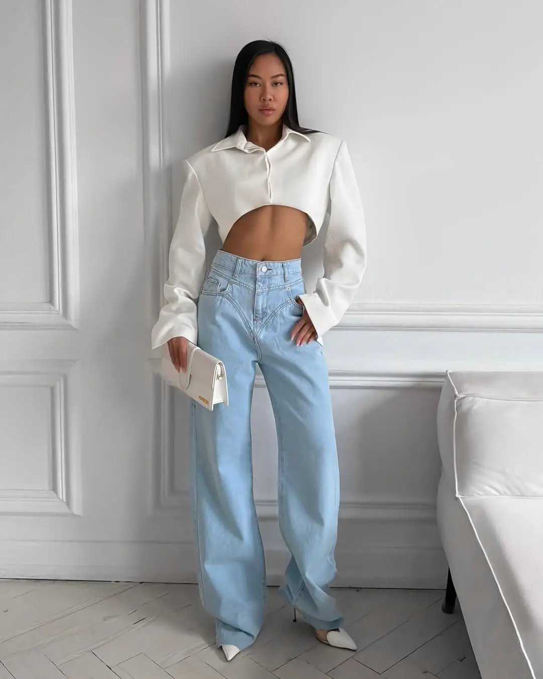 jeans outfit summer 2026 Light Blue Elegance with a Sculpted Cropped Shirt