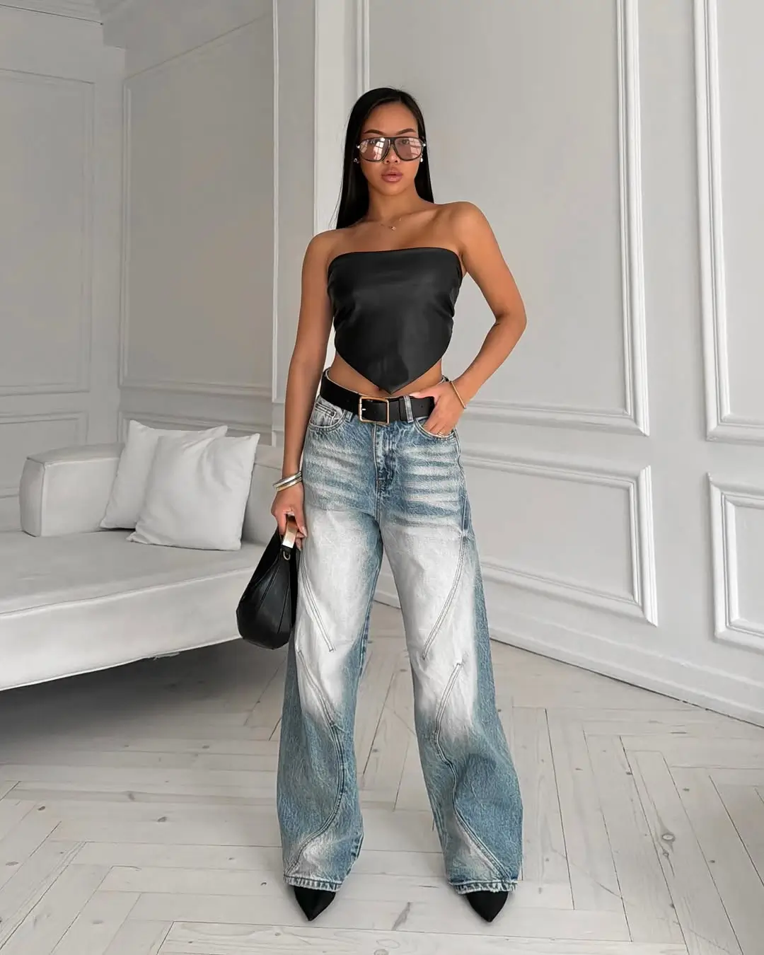 jeans outfit summer 2026 Black Strapless Contrast with Washed Blue Volume