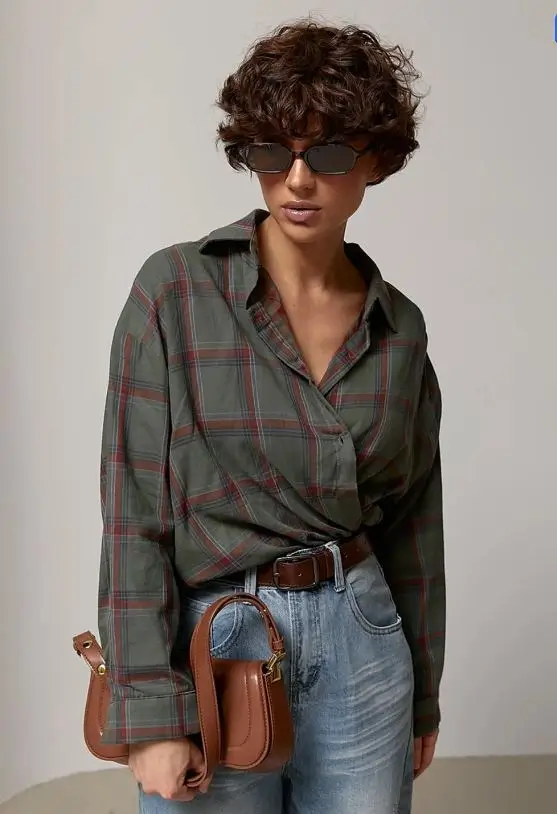 jeans outfit summer 2026 Dark Plaid and Denim Effortless Edge