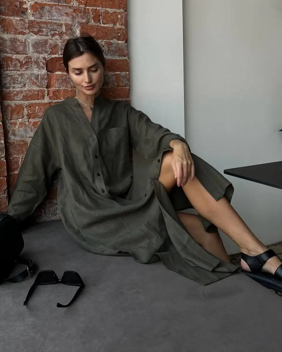 linen summer outfits 2026 Dark Olive Linen and Quiet Minimal Mood
