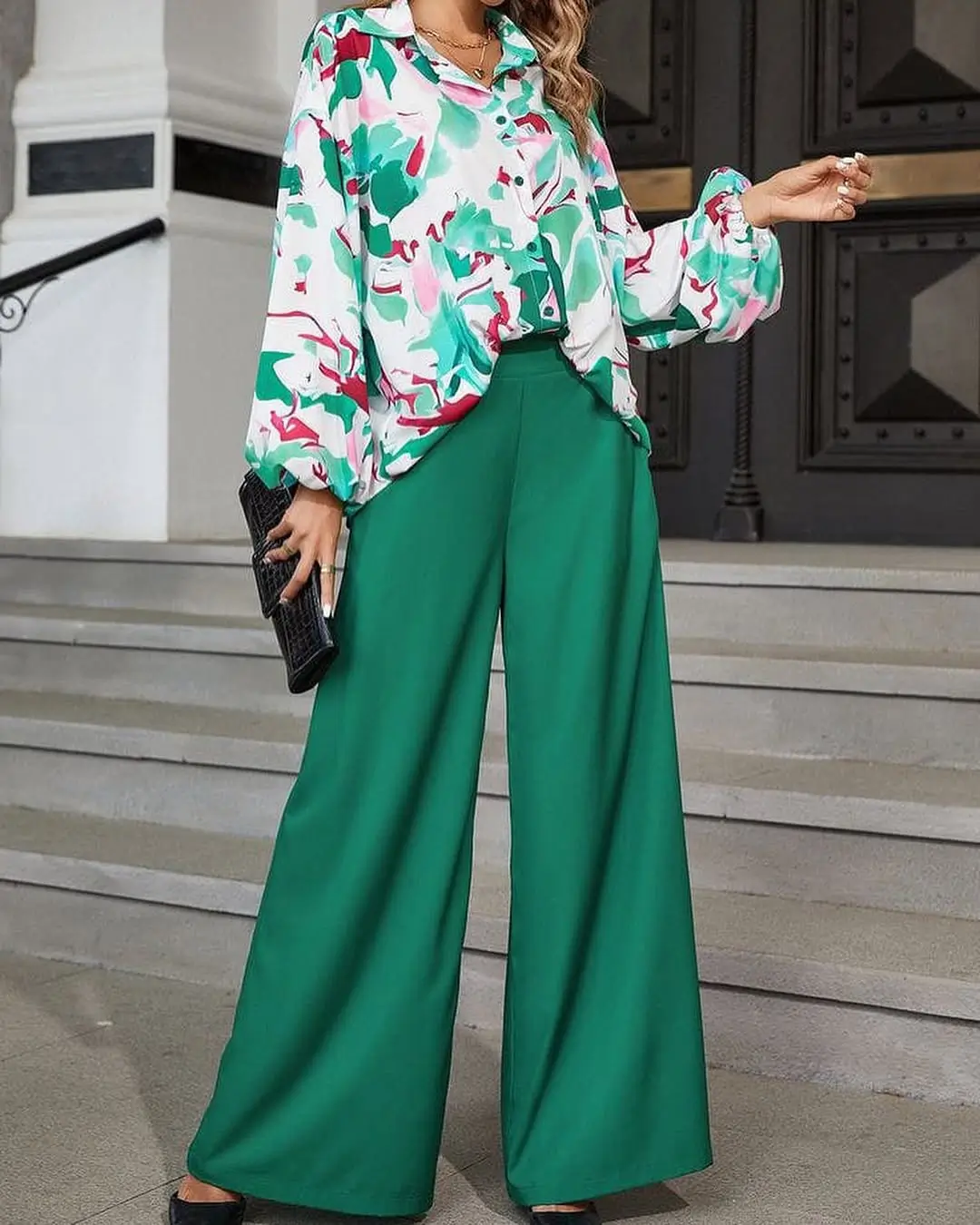 pant outfits summer 2026 Flowy Green Wide Leg with a Playful Printed Top