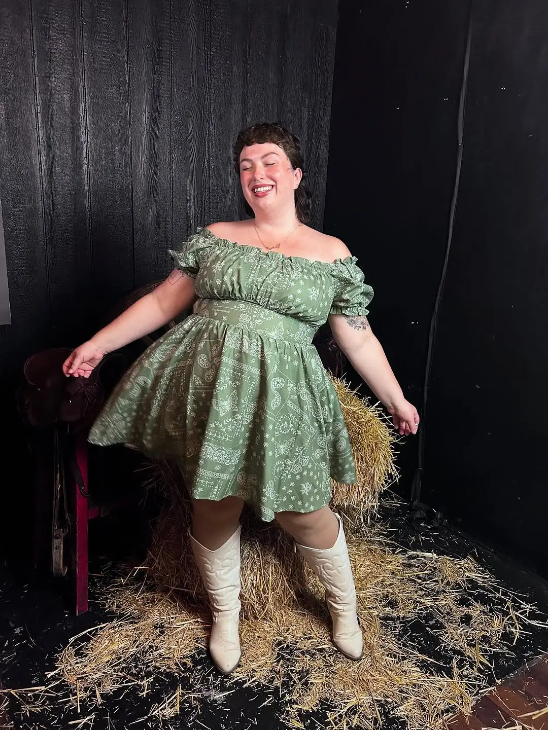 plus size summer outfits 2026 Off Shoulder Green Dress with Edgy Western Energy