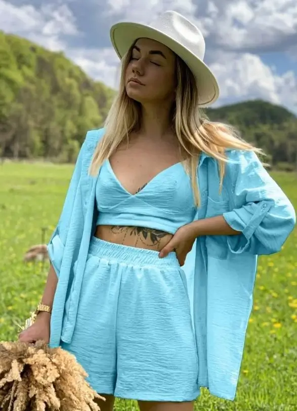shorts outfit summer 2026 Soft Sky Blue Sets That Feel Like a Vacation