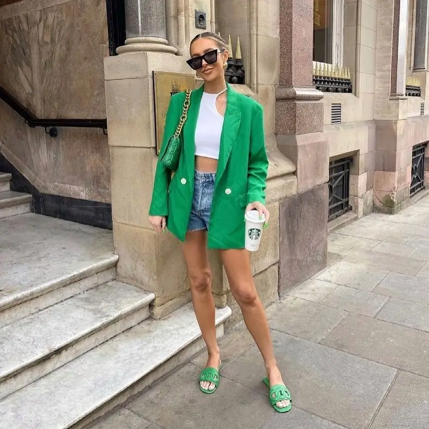 summer blazer outfits 2026 Green Oversized Blazer With Denim Shorts