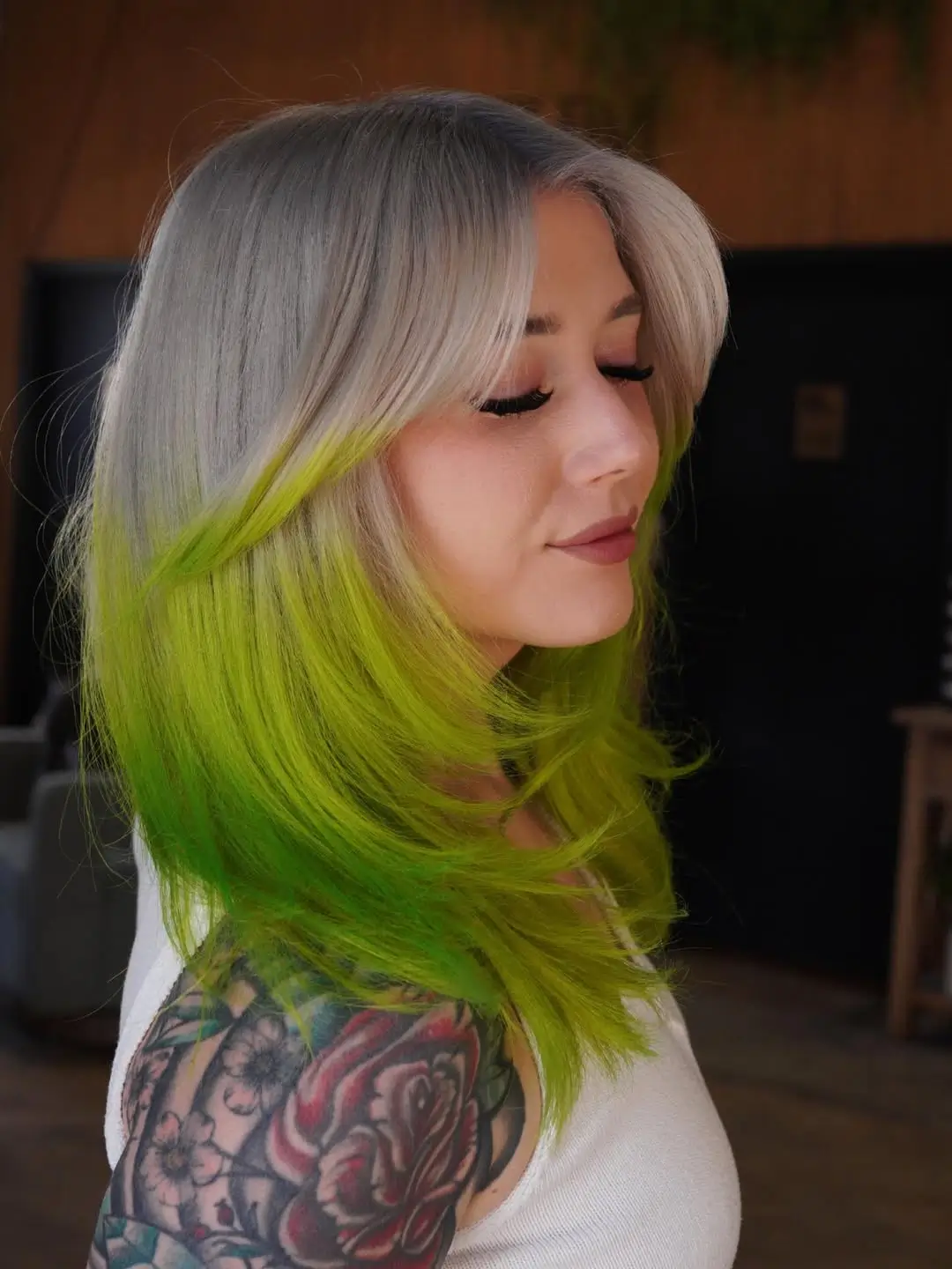 summer blonde hair color for women 2026 Icy Blonde With Electric Green Ends - When Soft Meets Rebellion