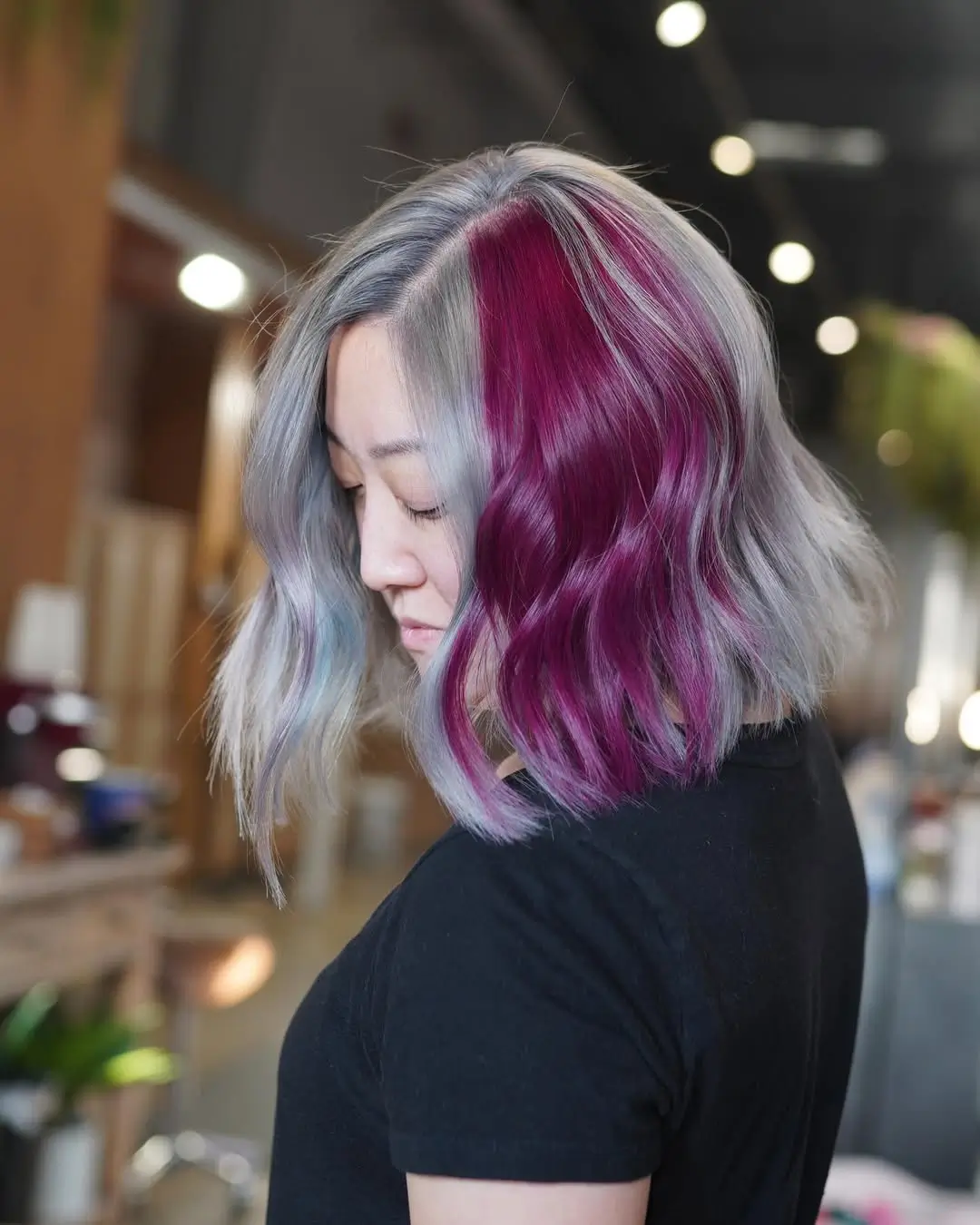 summer blonde hair color for women 2026 Split-Tone Blonde With Deep Berry Contrast