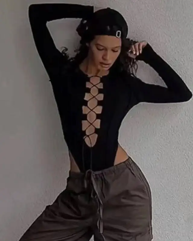 summer bodysuit outfits 2026 Edgy Lace Up Bodysuit with Relaxed Casual Pants