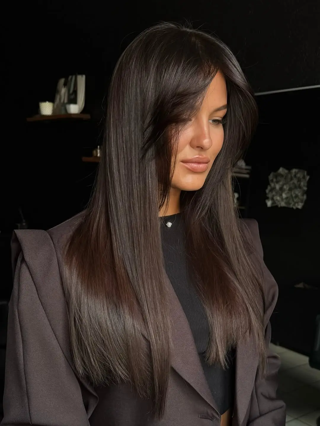 summer brunette hair color for women 2026 Polished Espresso Layers with a Soft Face Frame