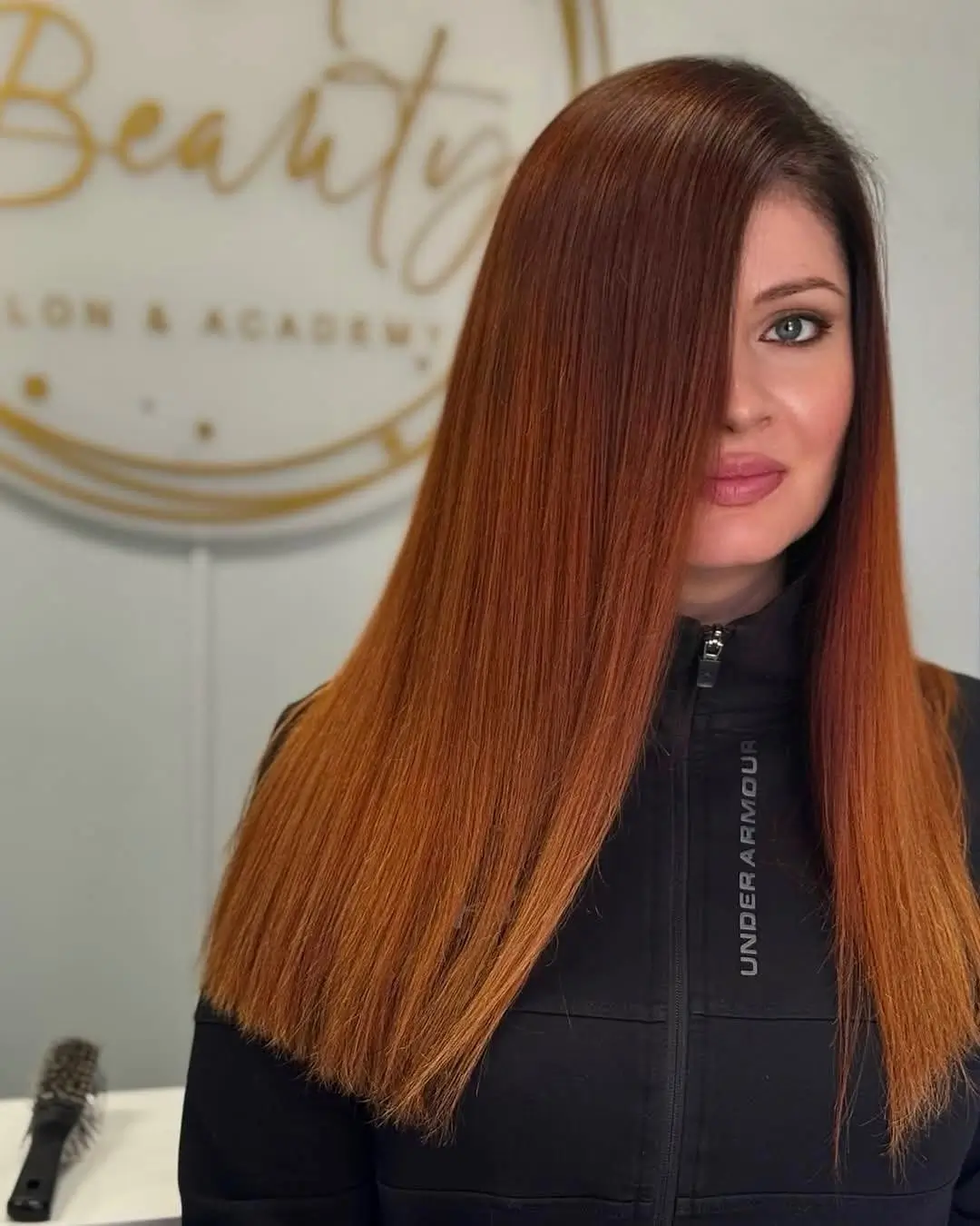 summer brunette hair color for women 2026 Burnt Copper Brunette with Sleek Finish