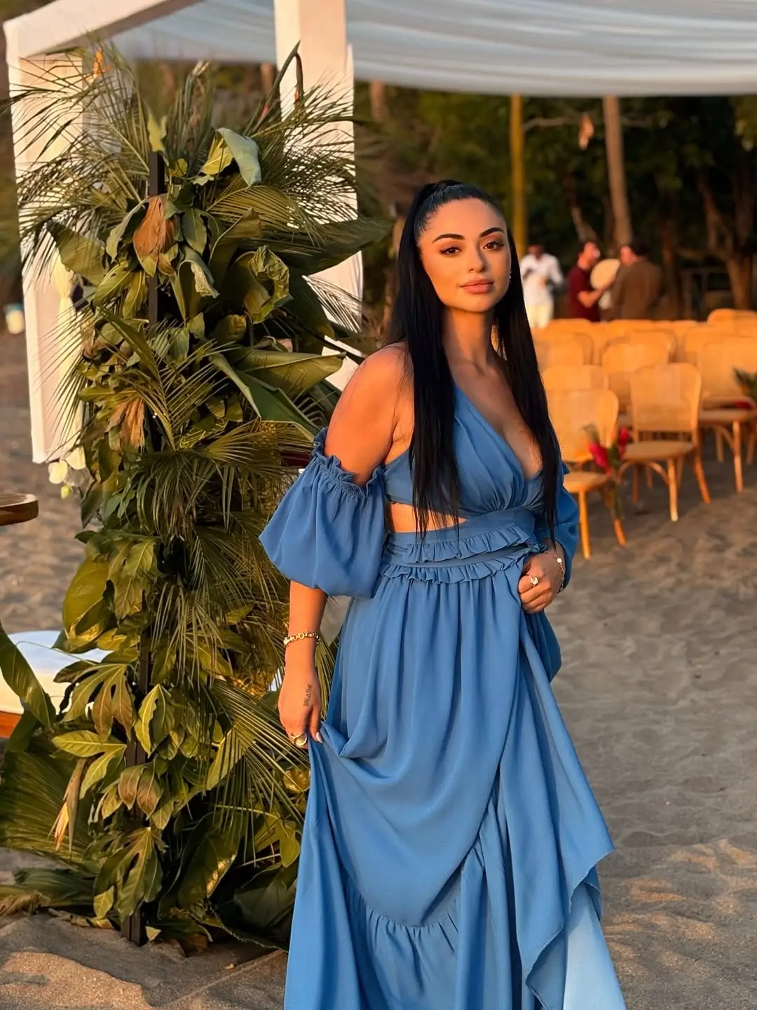 summer cocktail party outfit 2026 Flowing Blue Elegance for Sunset Moments