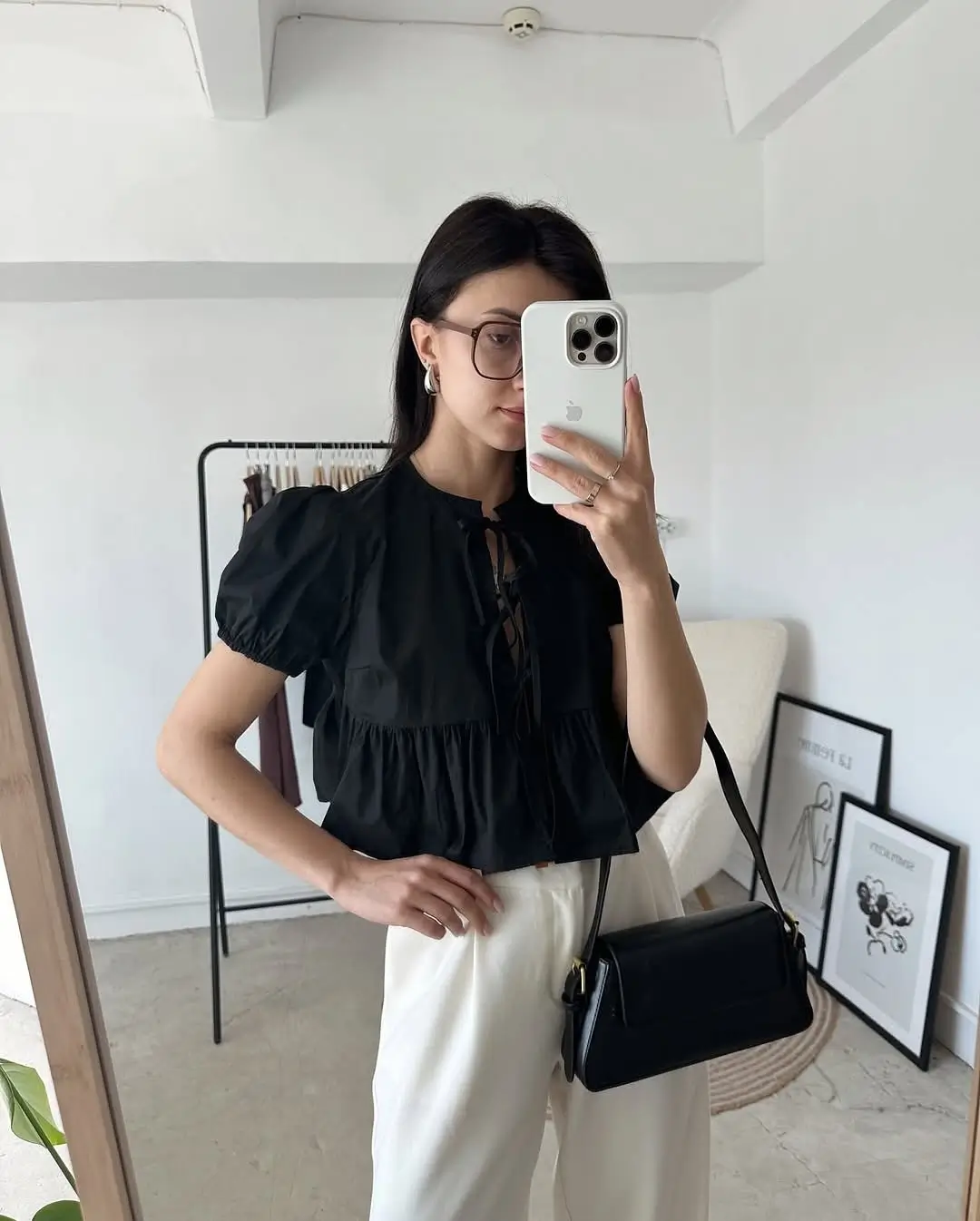 summer crop top outfits 2026 Black airy cropped blouse with soft volume