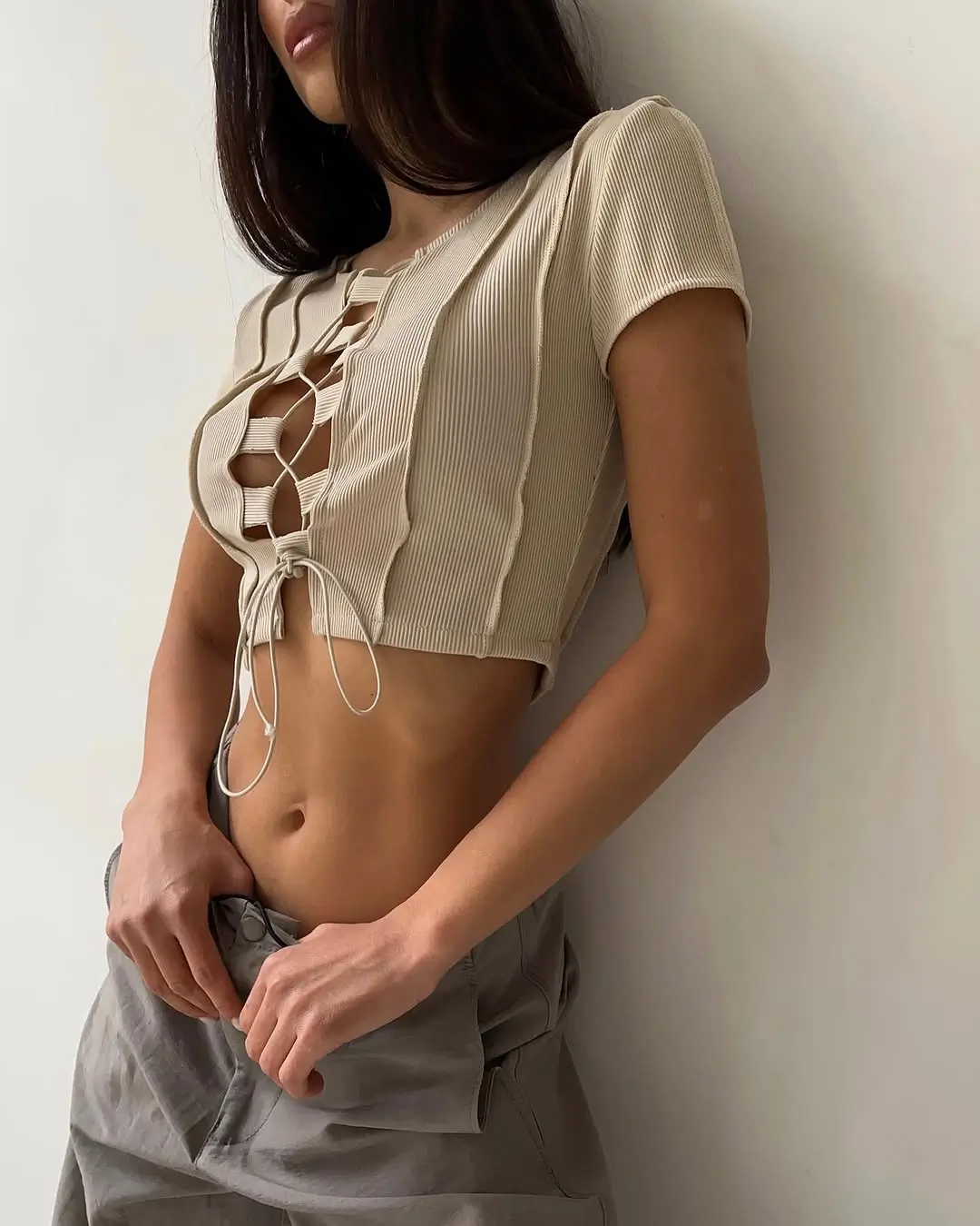 summer crop top outfits 2026 Delicate Lace Up Energy with a Soft Edge