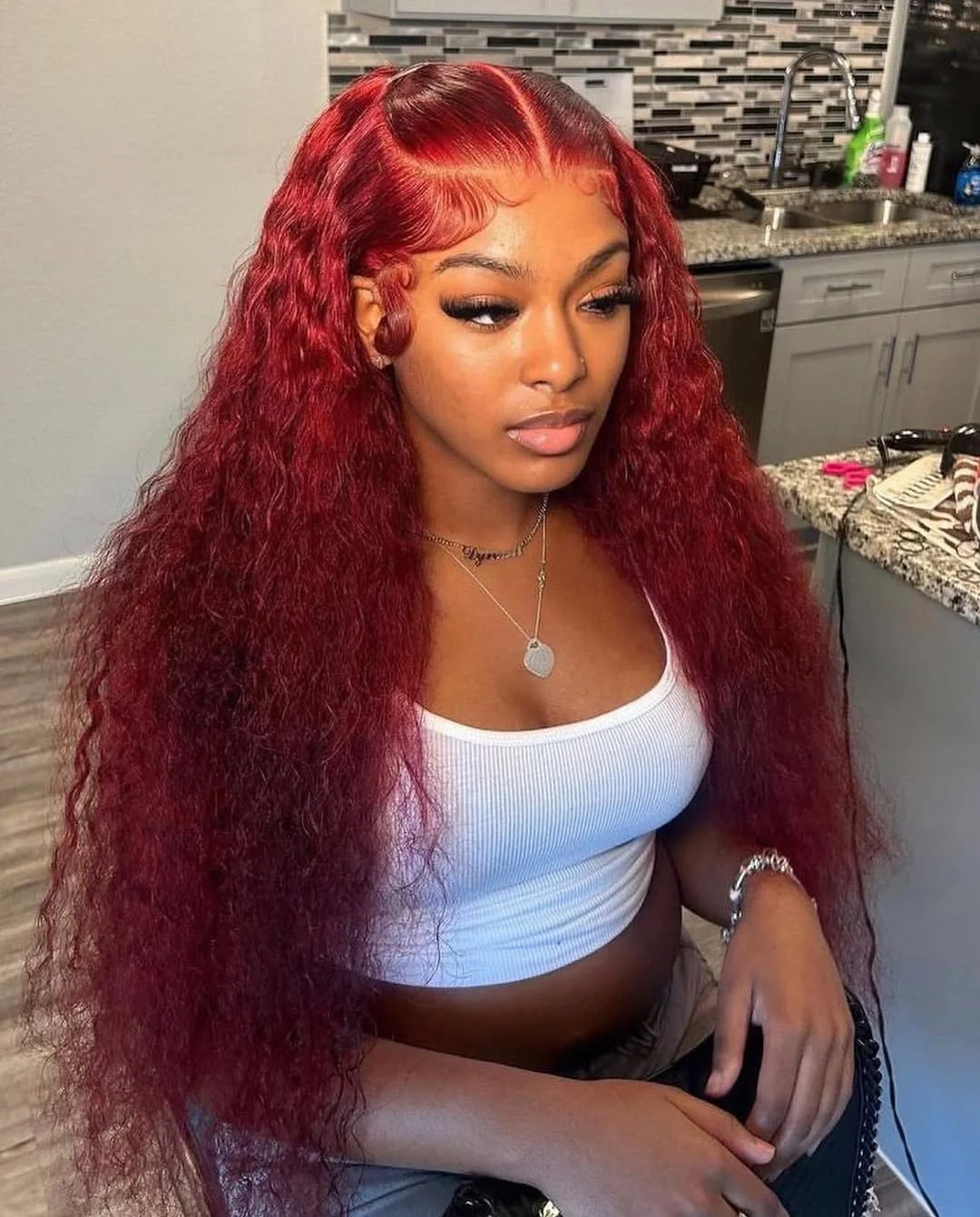 summer hair color for brown skin women 2026 Deep Cherry Red Long Curly Texture