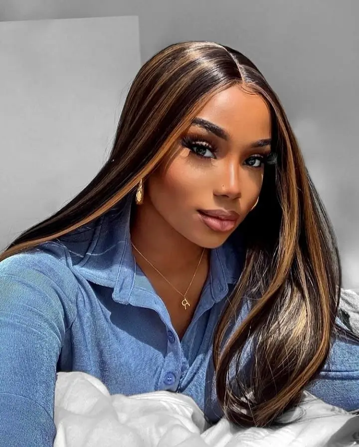summer hair color for dark skin women 2026 Sleek wig with golden money piece highlights