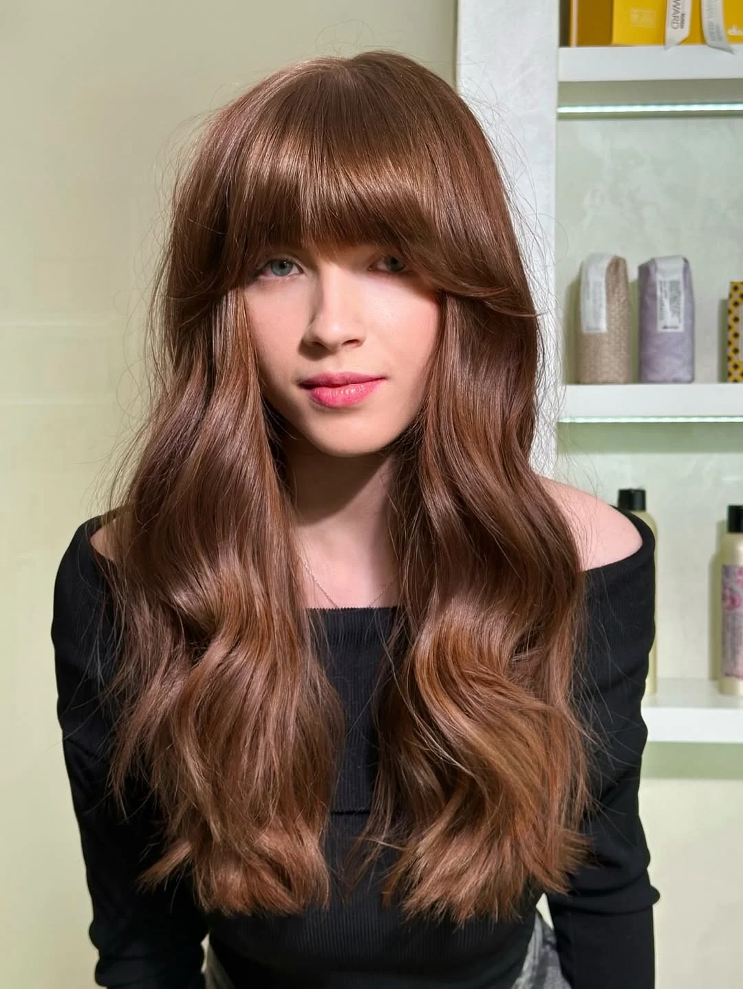 summer hair color for light skin women 2026 Glossy Chestnut Layers with Soft Fringe Energy