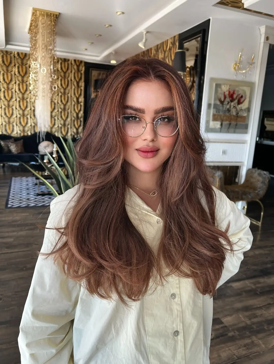 summer hair color for tan skin women 2026 Rich Auburn Volume with Glossy Movement