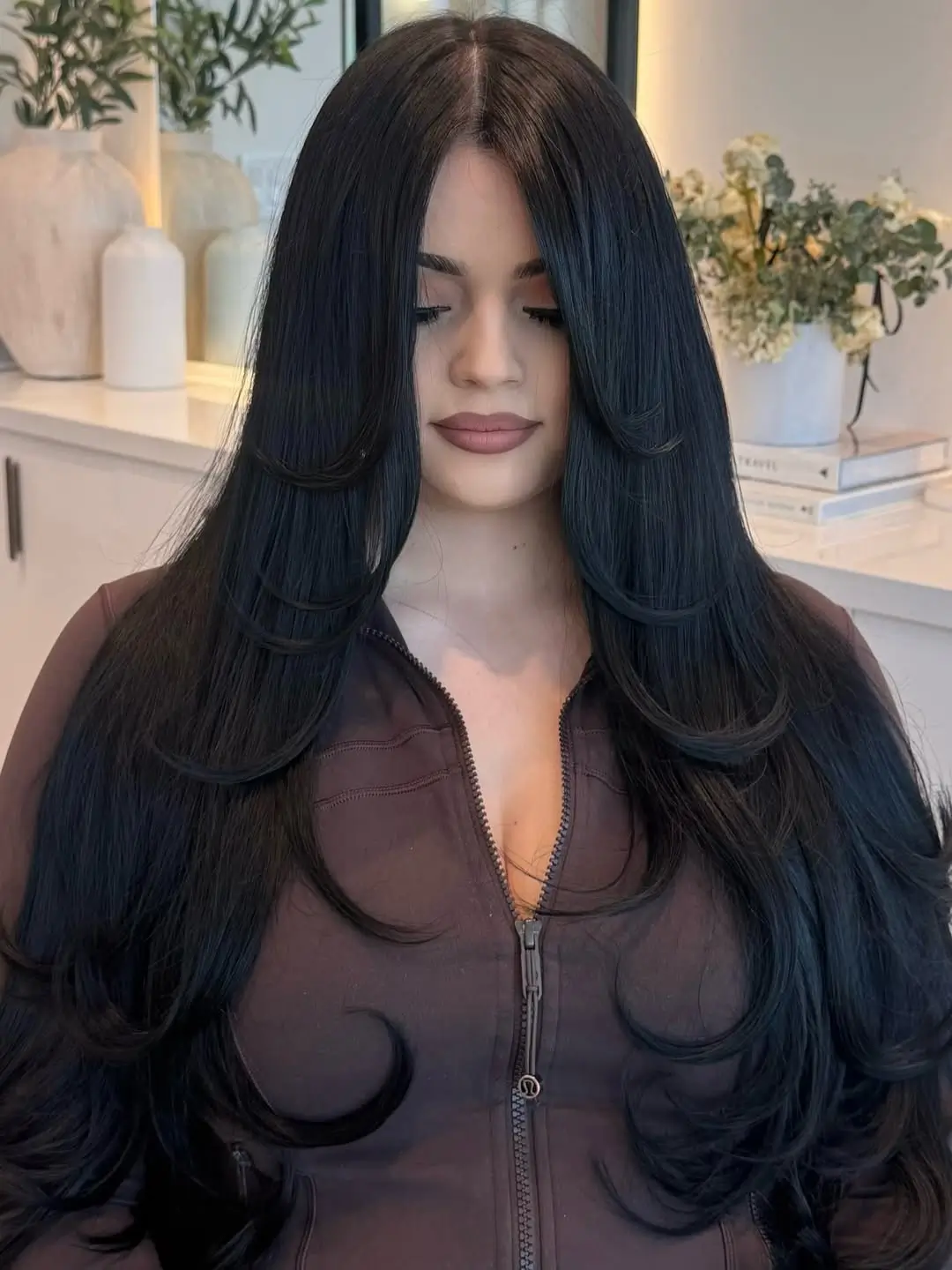 summer hair color ideas for brunette women 2026 Jet Black Layers with Sculpted Face-Framing Flow