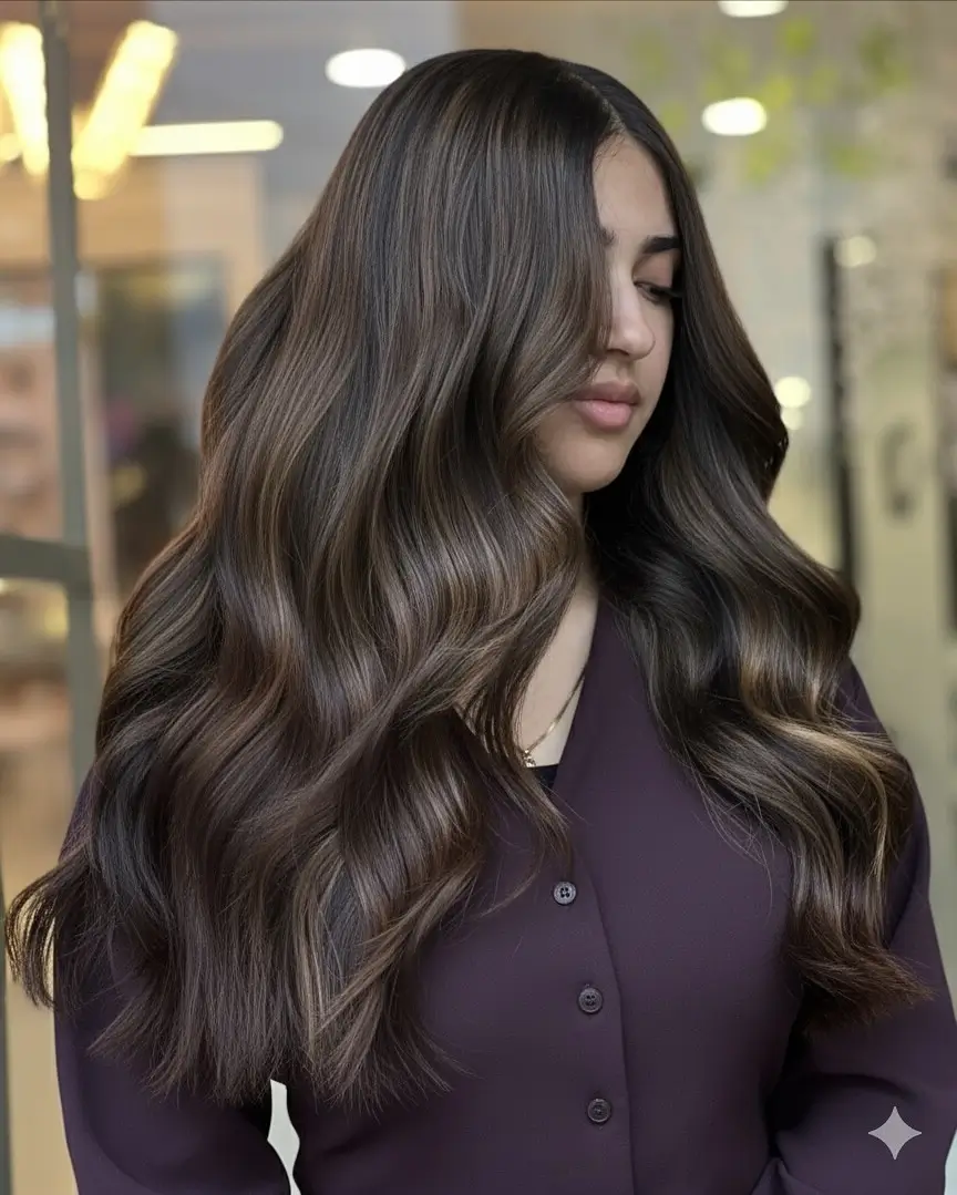 summer hair color ideas for brunette women 2026 Deep Espresso Waves with Seamless Dimension